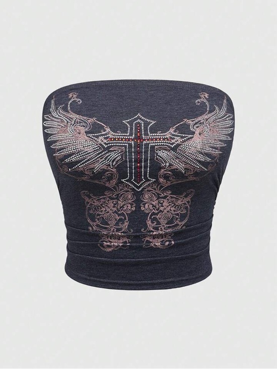 ROMWE Tops - ROMWE Bandeau Tube Top Grunge Punk Studded Rhinestones Ruched Cross Wings Small